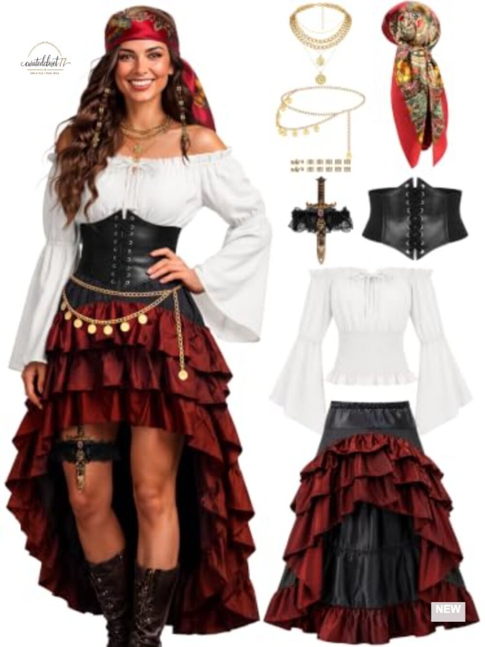SOMSOC Pirate Costume Women 8-Piece Set Polyester Renaissance Halloween